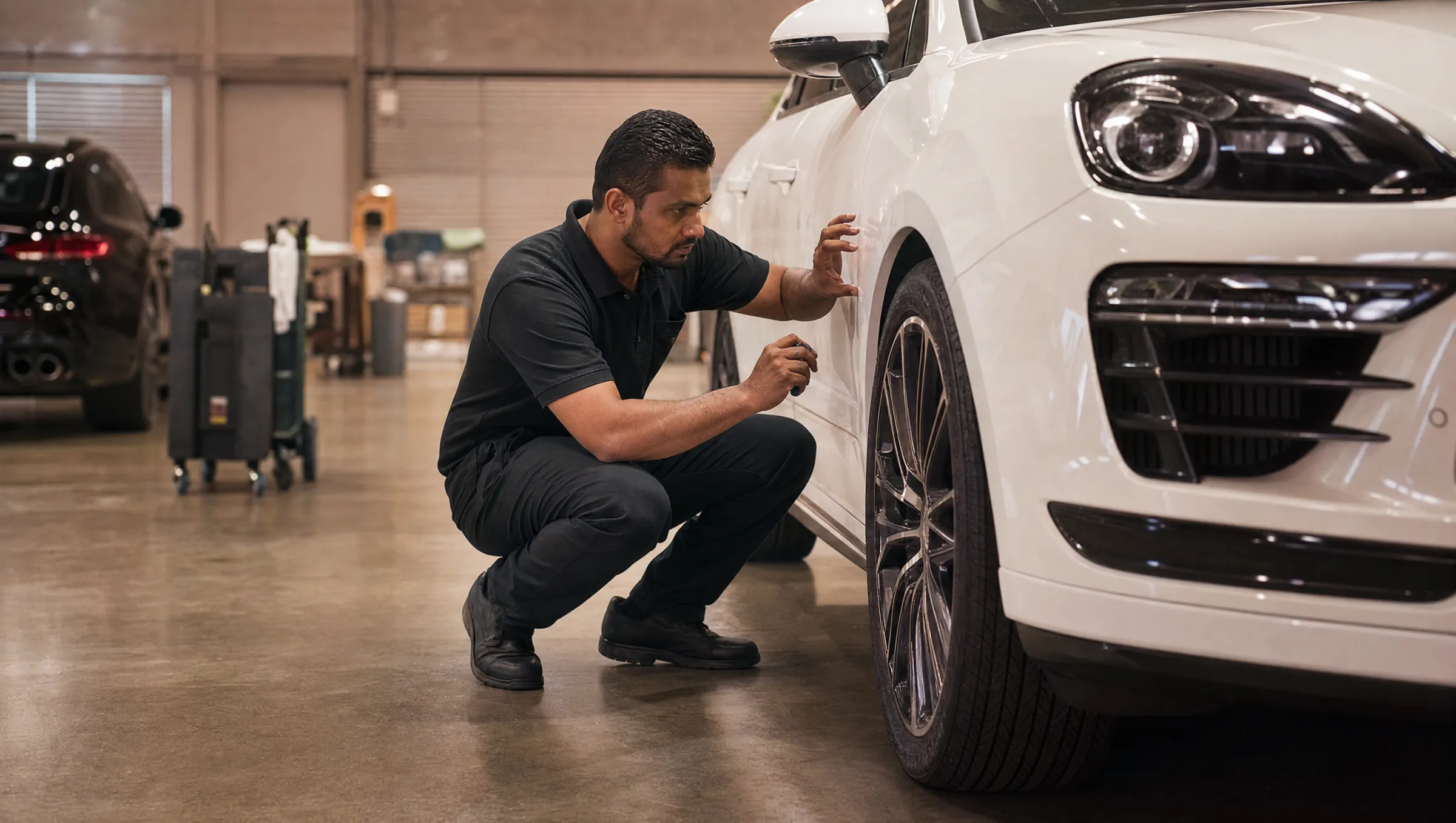 An AJ Trading inspector checking a car before purchase in Korea