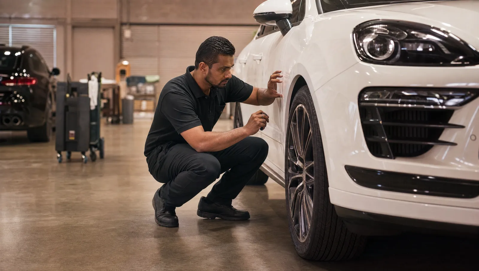 An inspector checking a car before purchase in Korea